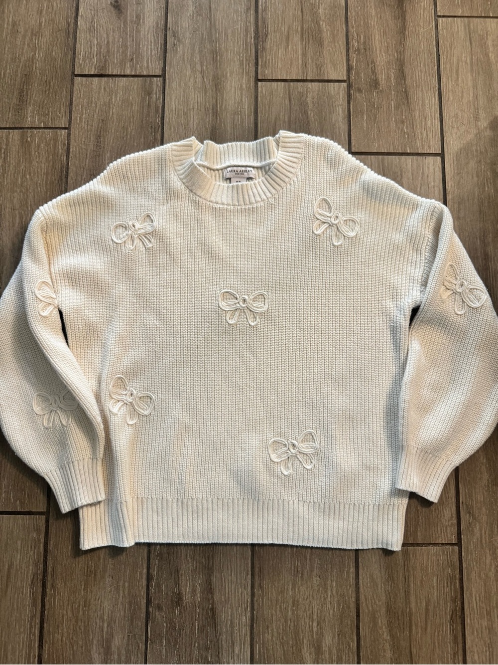 Laura Ashley Cream Bow-Appliqué Crewneck Sweater